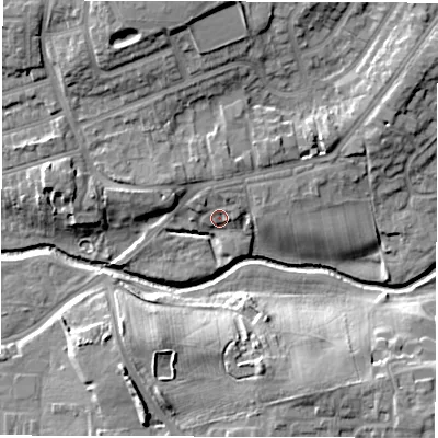 Shaded relief map of the ground around DL12EB, computed from Environment Agency LiDAR. The ground here sits at about 46 m above sea level and falls 13 m across the surrounding 800 m. Surface water reaching this point runs off ground lying to the north-north-east, 3.9 m higher.