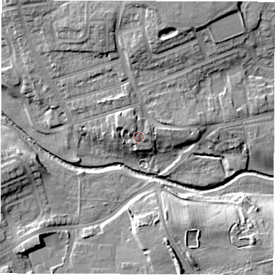 Shaded relief map of the ground around DL12FX, computed from Environment Agency LiDAR. The ground here sits at about 48 m above sea level and falls 13 m across the surrounding 800 m. Surface water reaching this point runs off ground lying to the north-north-west, 2.6 m higher.
