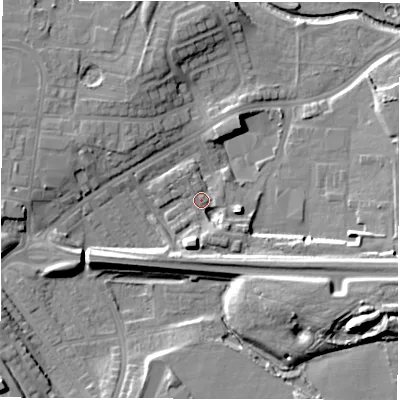 Shaded relief map of the ground around DL12JA, computed from Environment Agency LiDAR. The ground here sits at about 46 m above sea level and falls 18 m across the surrounding 800 m. Surface water reaching this point runs off ground lying to the south, 8.1 m higher.