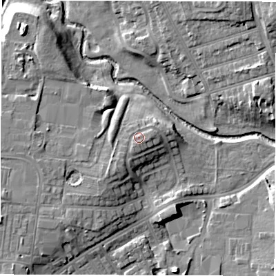 Shaded relief map of the ground around DL12LE, computed from Environment Agency LiDAR. The ground here sits at about 50 m above sea level and falls 14 m across the surrounding 800 m. Surface water reaching this point runs off ground lying to the south-west, 2.2 m higher.