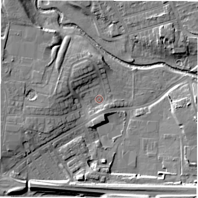 Shaded relief map of the ground around DL12LG, computed from Environment Agency LiDAR. The ground here sits at about 45 m above sea level and falls 15 m across the surrounding 800 m. Surface water reaching this point runs off ground lying to the west, 7.8 m higher.