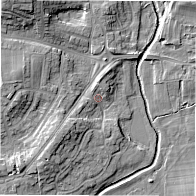 Shaded relief map of the ground around DL12SB, computed from Environment Agency LiDAR. The ground here sits at about 46 m above sea level and falls 16 m across the surrounding 800 m. Surface water reaching this point runs off ground lying to the north-west, 13.0 m higher.