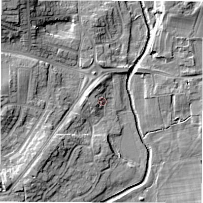 Shaded relief map of the ground around DL12SE, computed from Environment Agency LiDAR. The ground here sits at about 46 m above sea level and falls 17 m across the surrounding 800 m. Surface water reaching this point runs off ground lying to the north-west, 3.0 m higher.