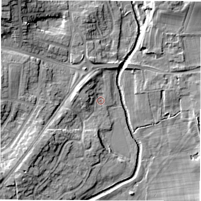 Shaded relief map of the ground around DL12SG, computed from Environment Agency LiDAR. The ground here sits at about 45 m above sea level and falls 16 m across the surrounding 800 m. Surface water reaching this point runs off ground lying to the north-west, 4.6 m higher.