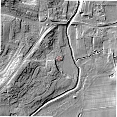 Shaded relief map of the ground around DL12SQ, computed from Environment Agency LiDAR. The ground here sits at about 45 m above sea level and falls 12 m across the surrounding 800 m. Surface water reaching this point runs off ground lying to the south-west, 2.3 m higher.