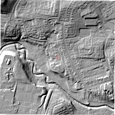 Shaded relief map of the ground around DL12TL, computed from Environment Agency LiDAR. The ground here sits at about 46 m above sea level and falls 22 m across the surrounding 800 m. Surface water reaching this point runs off ground lying to the north-north-east, 4.5 m higher.