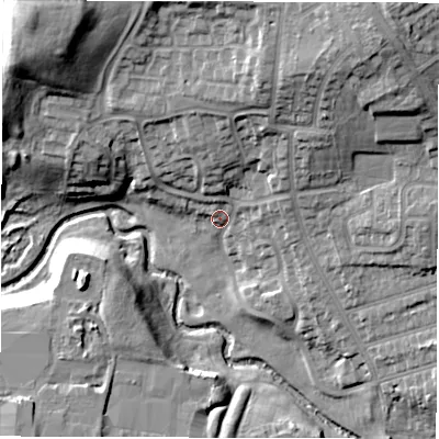 Shaded relief map of the ground around DL12TP, computed from Environment Agency LiDAR. The ground here sits at about 46 m above sea level and falls 24 m across the surrounding 800 m. Surface water reaching this point runs off ground lying to the north-east, 16.5 m higher.