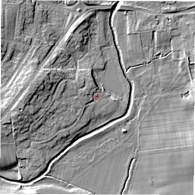 Shaded relief map of the ground around DL12XA, computed from Environment Agency LiDAR. The ground here sits at about 45 m above sea level and falls 11 m across the surrounding 800 m. Surface water reaching this point runs off ground lying to the west-north-west, 3.6 m higher.