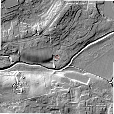 Shaded relief map of the ground around DL12XQ, computed from Environment Agency LiDAR. The ground here sits at about 44 m above sea level and falls 13 m across the surrounding 800 m. Surface water reaching this point runs off ground lying to the north-north-west, 1.6 m higher.