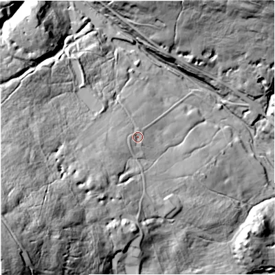 Shaded relief map of the ground around DL131AR, computed from Environment Agency LiDAR. The ground here sits at about 481 m above sea level and falls 128 m across the surrounding 800 m. Surface water reaching this point runs off ground lying to the south-west, 28.7 m higher.