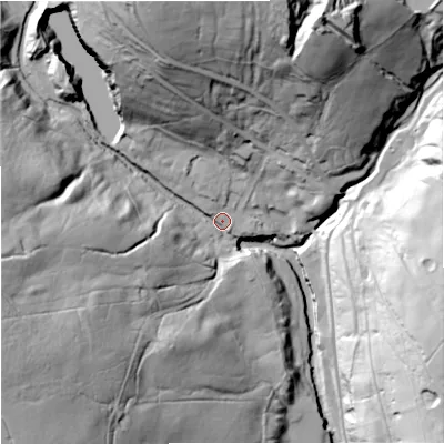 Shaded relief map of the ground around DL131DB, computed from Environment Agency LiDAR. The ground here sits at about 362 m above sea level and falls 83 m across the surrounding 800 m. Surface water reaching this point runs off ground lying to the north-north-west, 62.7 m higher.