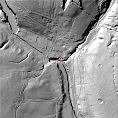 Shaded relief map of the ground around DL131DD, computed from Environment Agency LiDAR. The ground here sits at about 354 m above sea level and falls 80 m across the surrounding 800 m. Surface water reaching this point runs off ground lying to the north, 74.8 m higher.