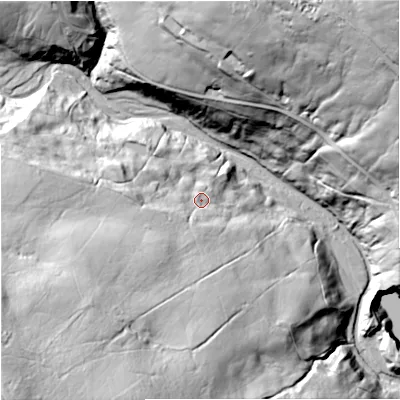 Shaded relief map of the ground around DL131DF, computed from Environment Agency LiDAR. The ground here sits at about 398 m above sea level and falls 111 m across the surrounding 800 m. Surface water reaching this point runs off ground lying to the south-west, 22.8 m higher.