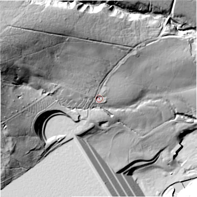 Shaded relief map of the ground around DL131DJ, computed from Environment Agency LiDAR. The ground here sits at about 398 m above sea level and falls 112 m across the surrounding 800 m. Surface water reaching this point runs off ground lying to the north-west, 61.7 m higher.