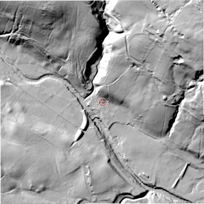 Shaded relief map of the ground around DL131EQ, computed from Environment Agency LiDAR. The ground here sits at about 326 m above sea level and falls 122 m across the surrounding 800 m. Surface water reaching this point runs off ground lying to the north-north-east, 42.6 m higher.