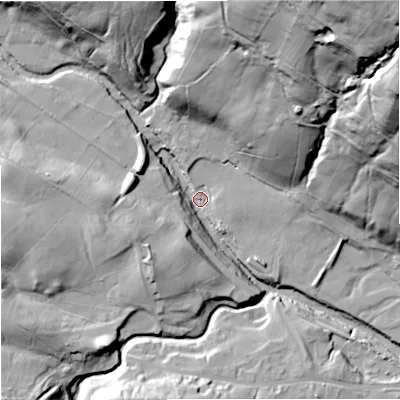 Shaded relief map of the ground around DL131FB, computed from Environment Agency LiDAR. The ground here sits at about 319 m above sea level and falls 107 m across the surrounding 800 m. Surface water reaching this point runs off ground lying to the north-east, 87.0 m higher.