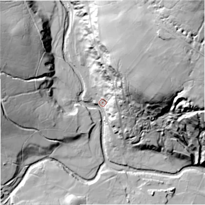 Shaded relief map of the ground around DL131JD, computed from Environment Agency LiDAR. The ground here sits at about 343 m above sea level and falls 118 m across the surrounding 800 m. Surface water reaching this point runs off ground lying to the north-east, 104.6 m higher.