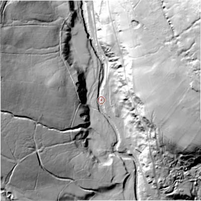 Shaded relief map of the ground around DL131JE, computed from Environment Agency LiDAR. The ground here sits at about 345 m above sea level and falls 118 m across the surrounding 800 m. Surface water reaching this point runs off ground lying to the north-east, 108.3 m higher.