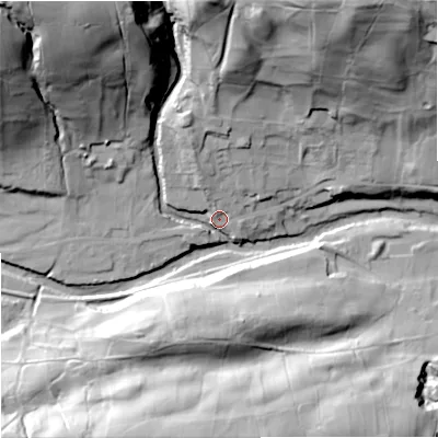 Shaded relief map of the ground around DL131JL, computed from Environment Agency LiDAR. The ground here sits at about 274 m above sea level and falls 61 m across the surrounding 800 m. Surface water reaching this point runs off ground lying to the north-north-west, 52.8 m higher.