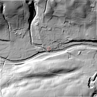 Shaded relief map of the ground around DL131JN, computed from Environment Agency LiDAR. The ground here sits at about 274 m above sea level and falls 60 m across the surrounding 800 m. Surface water reaching this point runs off ground lying to the north-north-west, 52.7 m higher.