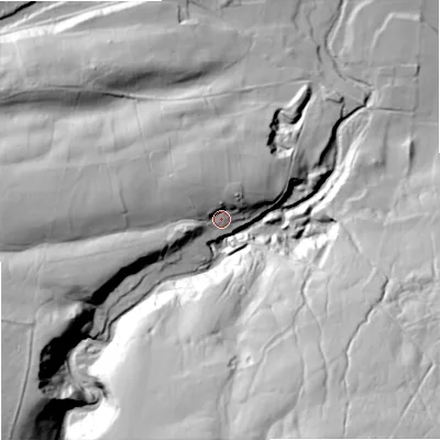 Shaded relief map of the ground around DL131SJ, computed from Environment Agency LiDAR. The ground here sits at about 294 m above sea level and falls 94 m across the surrounding 800 m. Surface water reaching this point runs off ground lying to the west-south-west, 45.8 m higher.