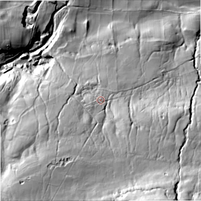 Shaded relief map of the ground around DL131SL, computed from Environment Agency LiDAR. The ground here sits at about 324 m above sea level and falls 130 m across the surrounding 800 m. Surface water reaching this point runs off ground lying to the south, 56.7 m higher.