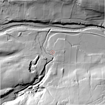 Shaded relief map of the ground around DL131SN, computed from Environment Agency LiDAR. The ground here sits at about 273 m above sea level and falls 62 m across the surrounding 800 m. Surface water reaching this point runs off ground lying to the south, 51.5 m higher.