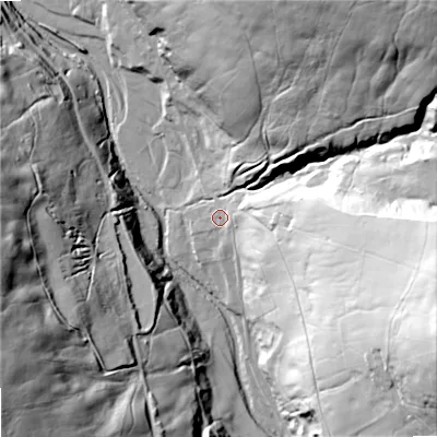 Shaded relief map of the ground around DL132AE, computed from Environment Agency LiDAR. The ground here sits at about 318 m above sea level and falls 89 m across the surrounding 800 m. Surface water reaching this point runs off ground lying to the east-south-east, 66.7 m higher.