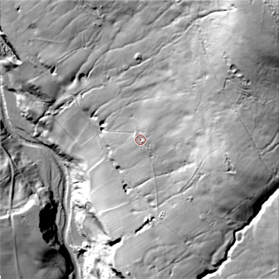 Shaded relief map of the ground around DL132AF, computed from Environment Agency LiDAR. The ground here sits at about 353 m above sea level and falls 177 m across the surrounding 800 m. Surface water reaching this point runs off ground lying to the north-east, 112.2 m higher.