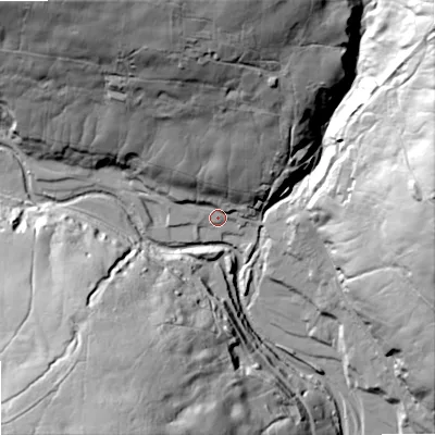 Shaded relief map of the ground around DL132BN, computed from Environment Agency LiDAR. The ground here sits at about 326 m above sea level and falls 76 m across the surrounding 800 m. Surface water reaching this point runs off ground lying to the north, 53.7 m higher.
