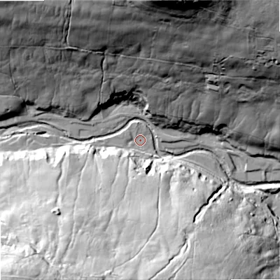 Shaded relief map of the ground around DL132DB, computed from Environment Agency LiDAR. The ground here sits at about 332 m above sea level and falls 88 m across the surrounding 800 m. Surface water reaching this point runs off ground lying to the south-south-west, 58.8 m higher.