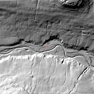 Shaded relief map of the ground around DL132DD, computed from Environment Agency LiDAR. The ground here sits at about 334 m above sea level and falls 93 m across the surrounding 800 m. Surface water reaching this point runs off ground lying to the north, 62.8 m higher.