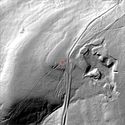 Shaded relief map of the ground around DL132EP, computed from Environment Agency LiDAR. The ground here sits at about 434 m above sea level and falls 117 m across the surrounding 800 m. Surface water reaching this point runs off ground lying to the north-east, 3.4 m higher.