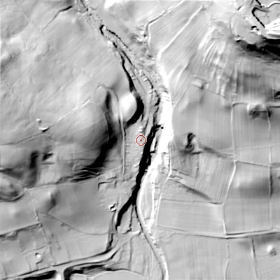 Shaded relief map of the ground around DL132HH, computed from Environment Agency LiDAR. The ground here sits at about 247 m above sea level and falls 99 m across the surrounding 800 m. Surface water reaching this point runs off ground lying to the north-north-west, 12.2 m higher.