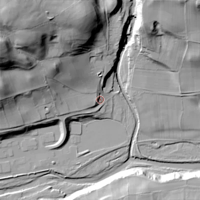Shaded relief map of the ground around DL132HP, computed from Environment Agency LiDAR. The ground here sits at about 233 m above sea level and falls 64 m across the surrounding 800 m. Surface water reaching this point runs off ground lying to the north-west, 54.8 m higher.