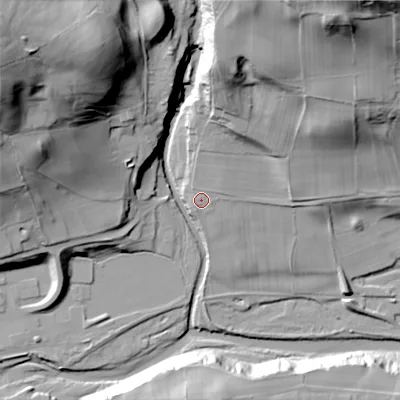 Shaded relief map of the ground around DL132HR, computed from Environment Agency LiDAR. The ground here sits at about 233 m above sea level and falls 61 m across the surrounding 800 m. Surface water reaching this point runs off ground lying to the north-north-east, 13.8 m higher.