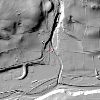 Shaded relief map of the ground around DL132HW, computed from Environment Agency LiDAR. The ground here sits at about 231 m above sea level and falls 65 m across the surrounding 800 m. Surface water reaching this point runs off ground lying to the north-west, 56.0 m higher.