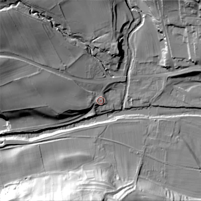 Shaded relief map of the ground around DL132JR, computed from Environment Agency LiDAR. The ground here sits at about 206 m above sea level and falls 49 m across the surrounding 800 m. Surface water reaching this point runs off ground lying to the west-north-west, 14.6 m higher.