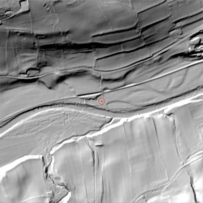 Shaded relief map of the ground around DL132JX, computed from Environment Agency LiDAR. The ground here sits at about 211 m above sea level and falls 80 m across the surrounding 800 m. Surface water reaching this point runs off ground lying to the west-north-west, 3.1 m higher.