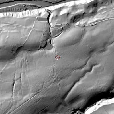 Shaded relief map of the ground around DL132LJ, computed from Environment Agency LiDAR. The ground here sits at about 277 m above sea level and falls 118 m across the surrounding 800 m. Surface water reaching this point runs off ground lying to the south-south-west, 26.4 m higher.