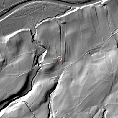 Shaded relief map of the ground around DL132LL, computed from Environment Agency LiDAR. The ground here sits at about 231 m above sea level and falls 77 m across the surrounding 800 m. Surface water reaching this point runs off ground lying to the south, 46.1 m higher.
