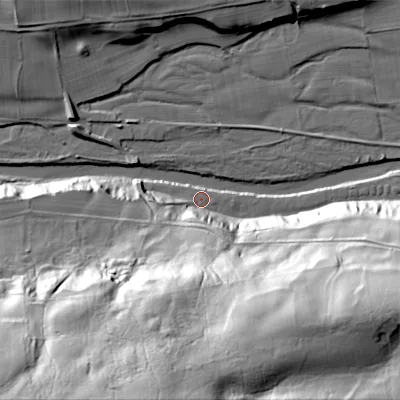Shaded relief map of the ground around DL132LQ, computed from Environment Agency LiDAR. The ground here sits at about 223 m above sea level and falls 79 m across the surrounding 800 m. Surface water reaching this point runs off ground lying to the south, 74.0 m higher.