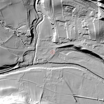 Shaded relief map of the ground around DL132LU, computed from Environment Agency LiDAR. The ground here sits at about 201 m above sea level and falls 66 m across the surrounding 800 m. Surface water reaching this point runs off ground lying to the north-east, 58.2 m higher.