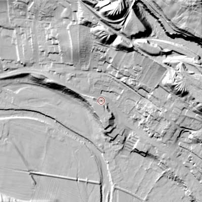 Shaded relief map of the ground around DL132LY, computed from Environment Agency LiDAR. The ground here sits at about 211 m above sea level and falls 116 m across the surrounding 800 m. Surface water reaching this point runs off ground lying to the north-north-east, 59.9 m higher.
