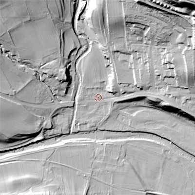 Shaded relief map of the ground around DL132PE, computed from Environment Agency LiDAR. The ground here sits at about 202 m above sea level and falls 73 m across the surrounding 800 m. Surface water reaching this point runs off ground lying to the north-east, 66.0 m higher.