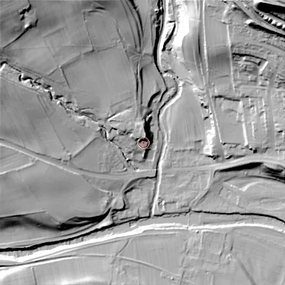 Shaded relief map of the ground around DL132PF, computed from Environment Agency LiDAR. The ground here sits at about 209 m above sea level and falls 74 m across the surrounding 800 m. Surface water reaching this point runs off ground lying to the north-north-west, 9.5 m higher.