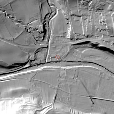 Shaded relief map of the ground around DL132PG, computed from Environment Agency LiDAR. The ground here sits at about 201 m above sea level and falls 49 m across the surrounding 800 m. Surface water reaching this point runs off ground lying to the north-north-west, 2.0 m higher.