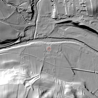 Shaded relief map of the ground around DL132PQ, computed from Environment Agency LiDAR. The ground here sits at about 201 m above sea level and falls 71 m across the surrounding 800 m. Surface water reaching this point runs off ground lying to the west, 1.0 m higher.