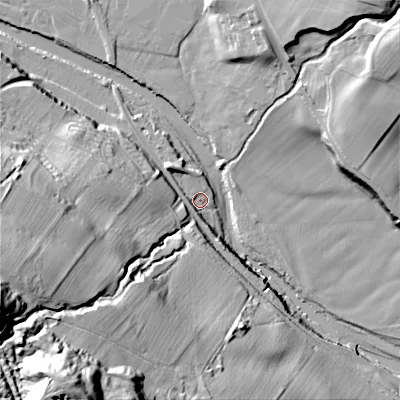 Shaded relief map of the ground around DL132PU, computed from Environment Agency LiDAR. The ground here sits at about 191 m above sea level and falls 82 m across the surrounding 800 m. Surface water reaching this point runs off ground lying to the west-south-west, 77.5 m higher.