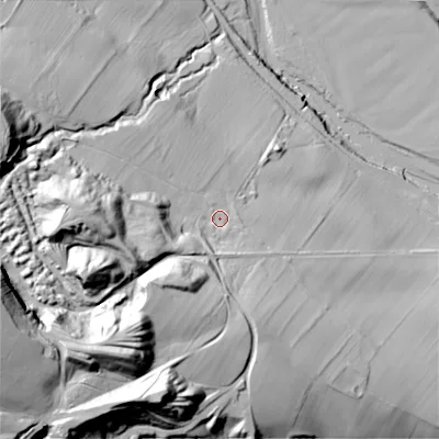 Shaded relief map of the ground around DL132PW, computed from Environment Agency LiDAR. The ground here sits at about 227 m above sea level and falls 104 m across the surrounding 800 m. Surface water reaching this point runs off ground lying to the west-south-west, 64.0 m higher.